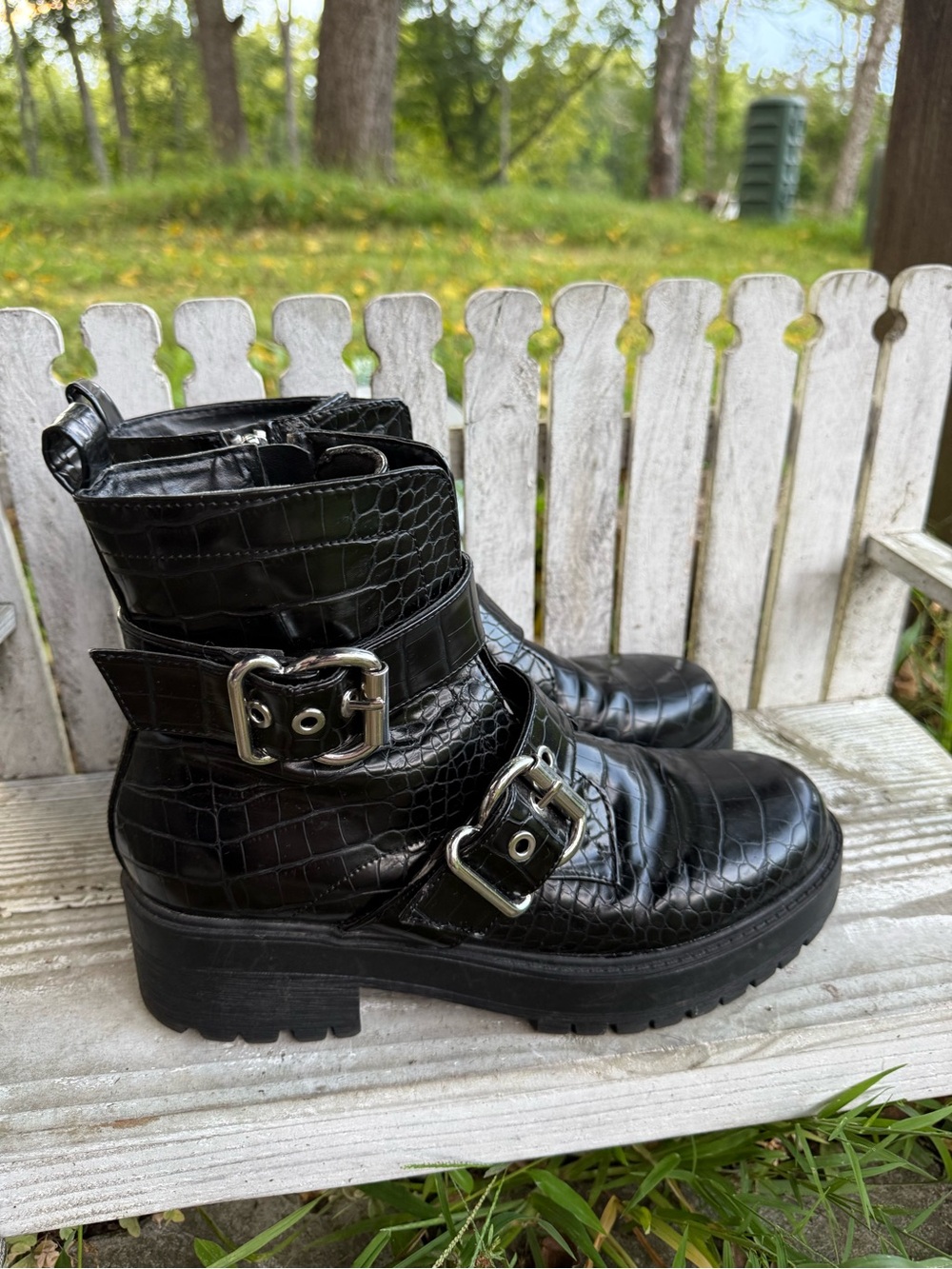 Aldo “Funia” Black Croc-Embossed Moto Combat Boots with Buckles